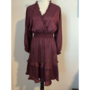 Emma & Michele Wine Colored Pebble Print Ruffle Dress Sz M